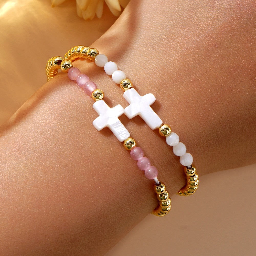Pink & White Cross Beaded Bracelet Set