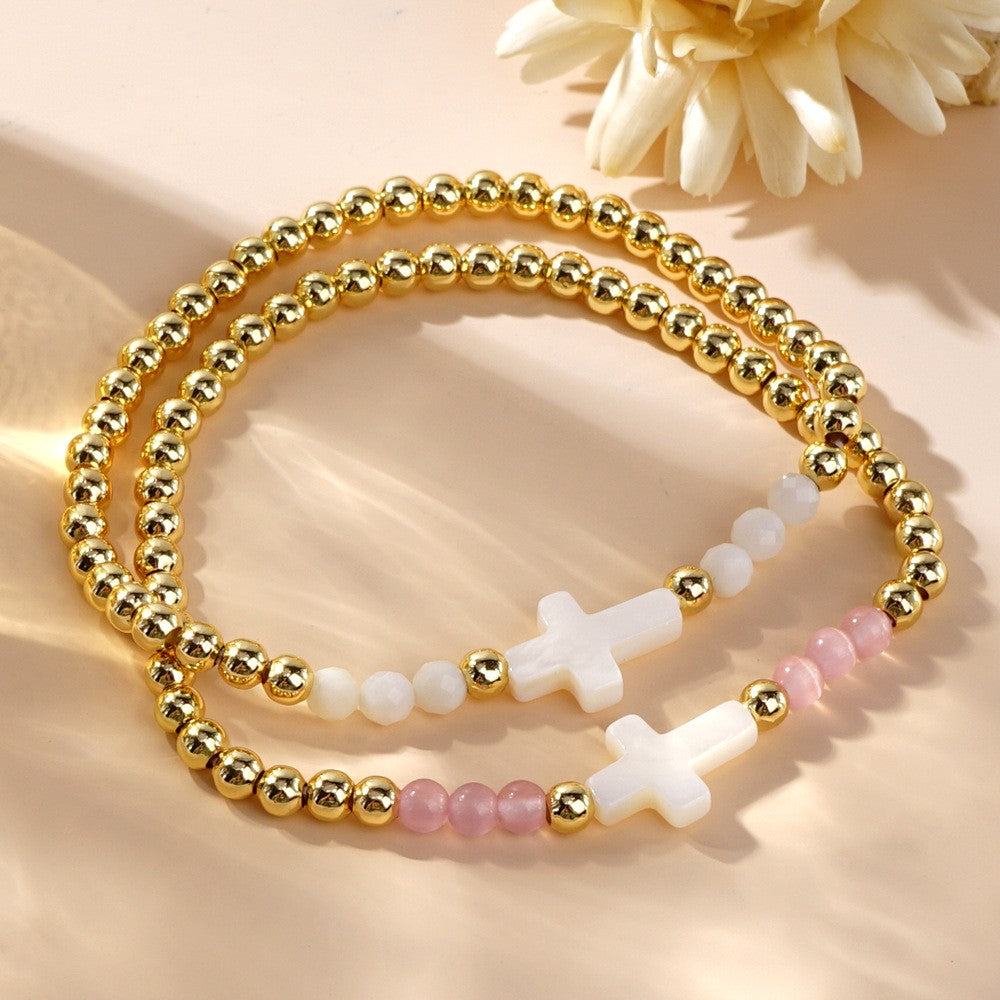 Pink & White Cross Beaded Bracelet Set