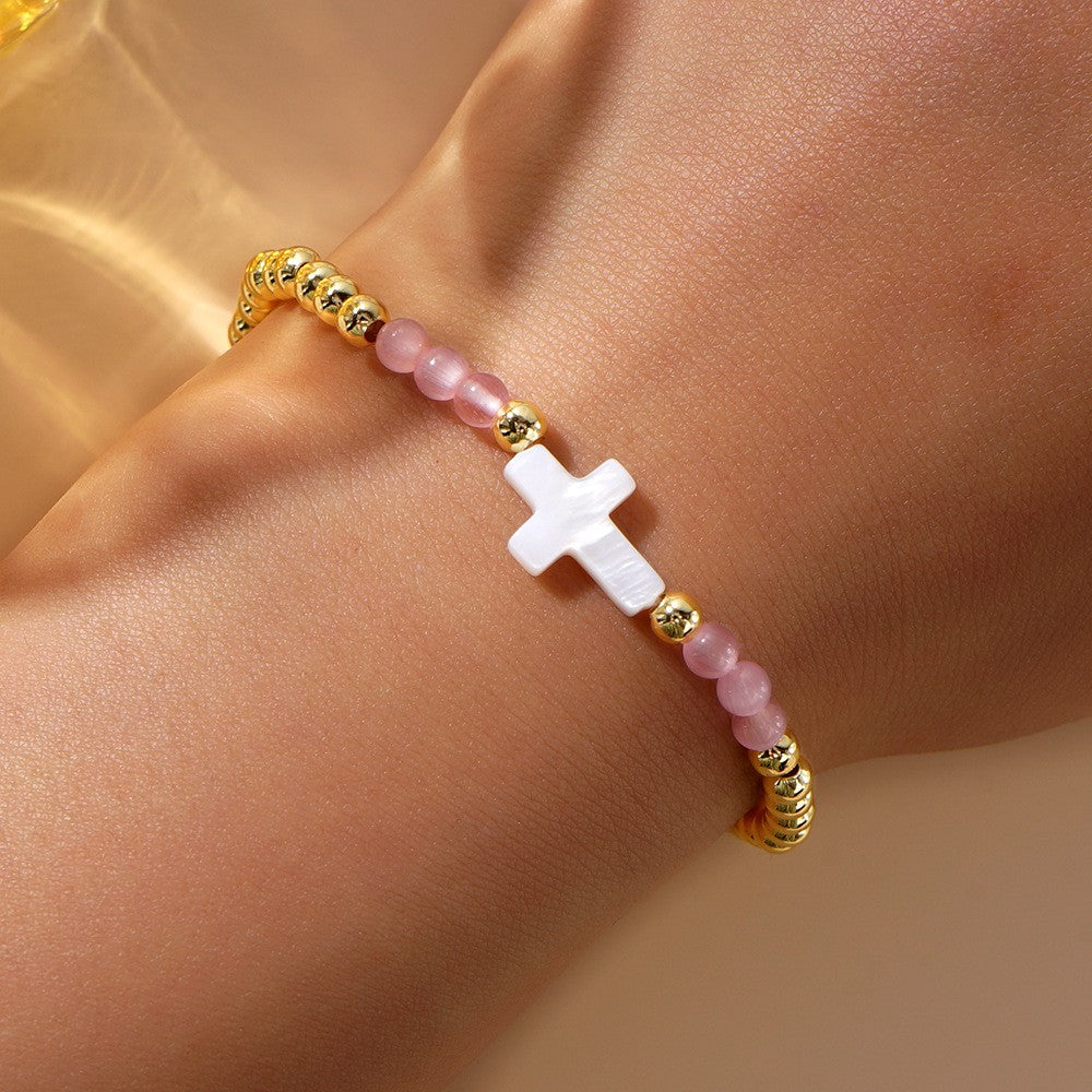 Pink & White Cross Beaded Bracelet Set