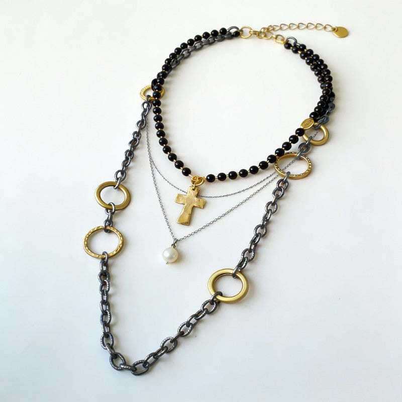 Hammered Cross & Bead Layered Necklace