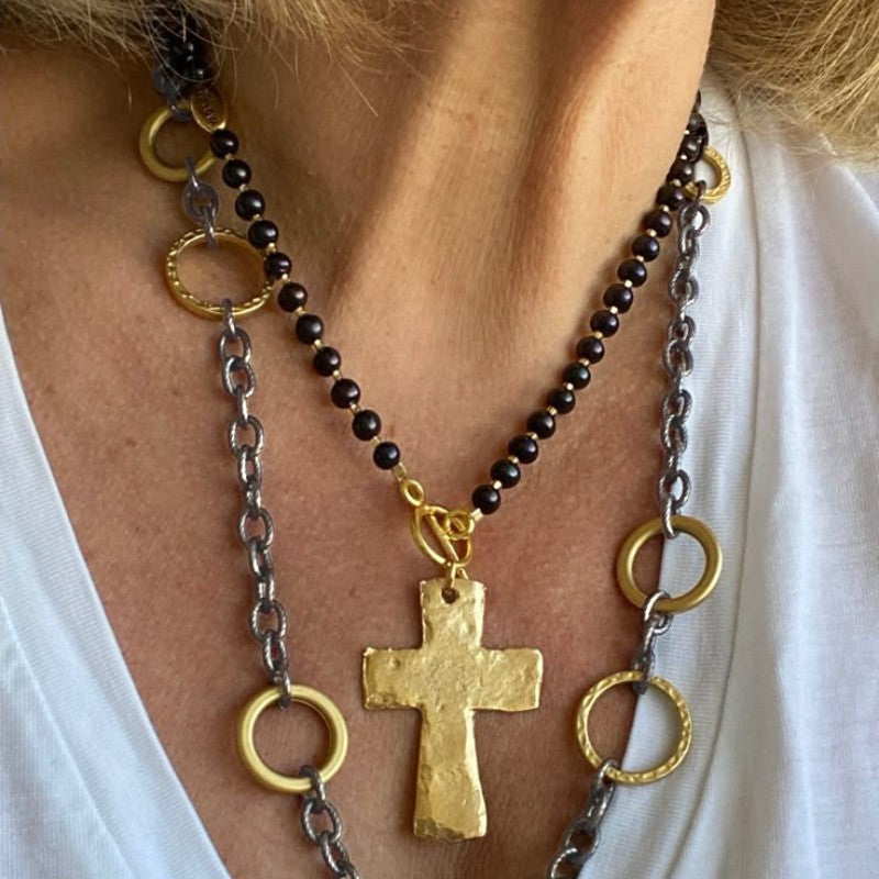 Hammered Cross & Bead Layered Necklace