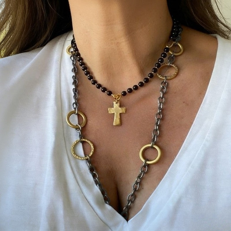 Hammered Cross & Bead Layered Necklace