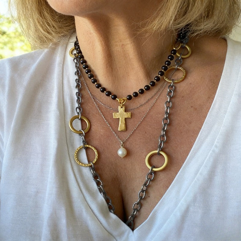 Hammered Cross & Bead Layered Necklace