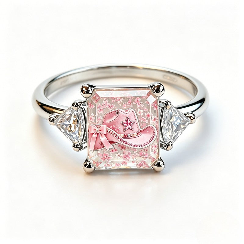 Pink Floral Cowboy Hat Square Ring