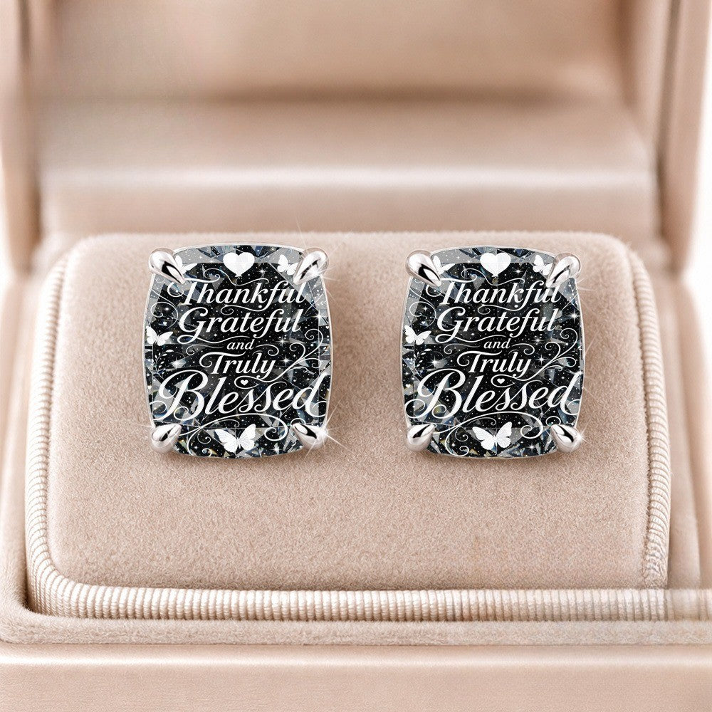 Thankful Grateful Square Stud Earrings