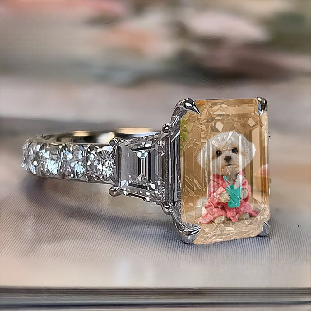 Square Crystal Pet Portrait Ring