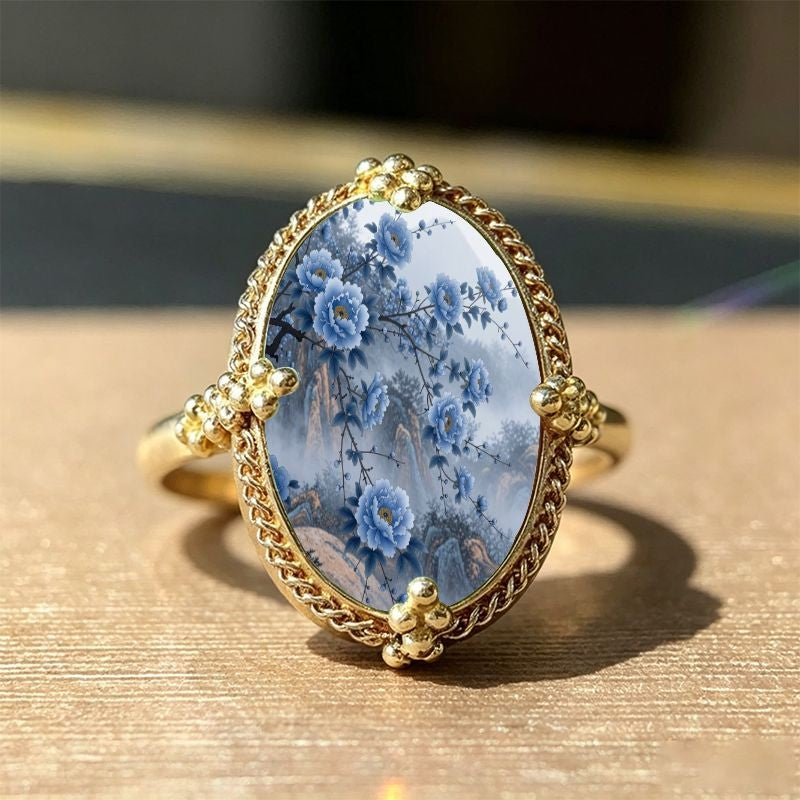 Blue Floral Oval Ring