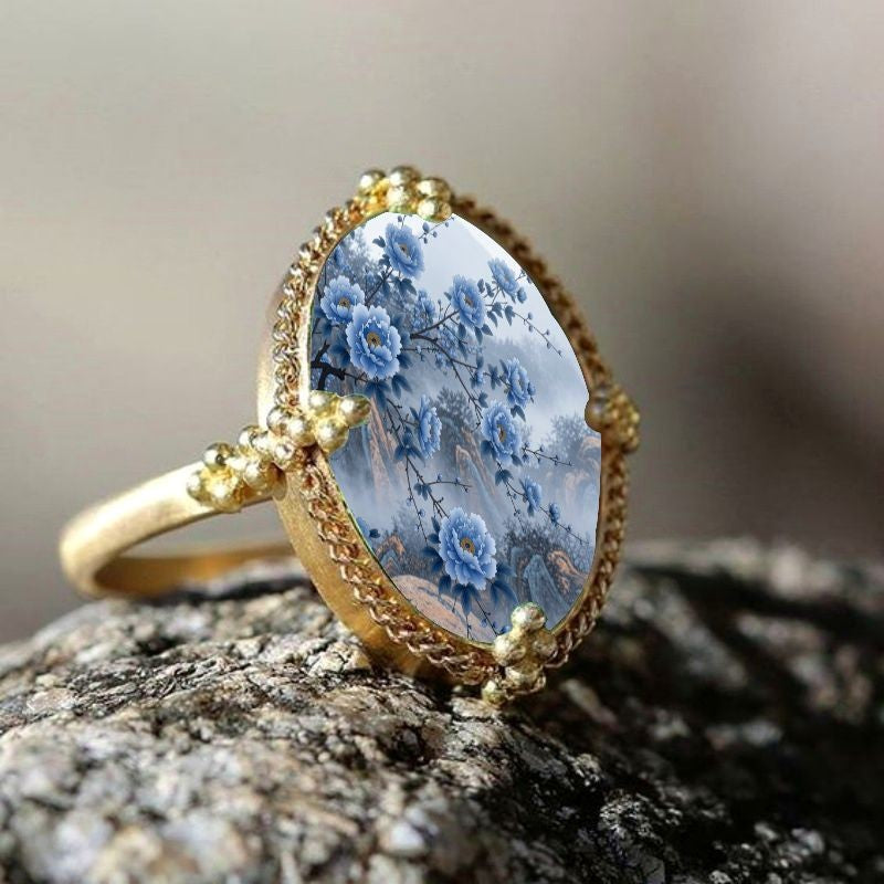 Blue Floral Oval Ring