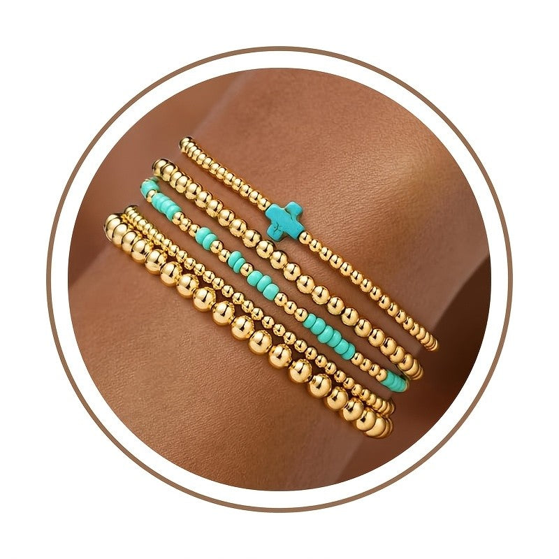 Gold Bead & Turquoise Cross Bracelet Set