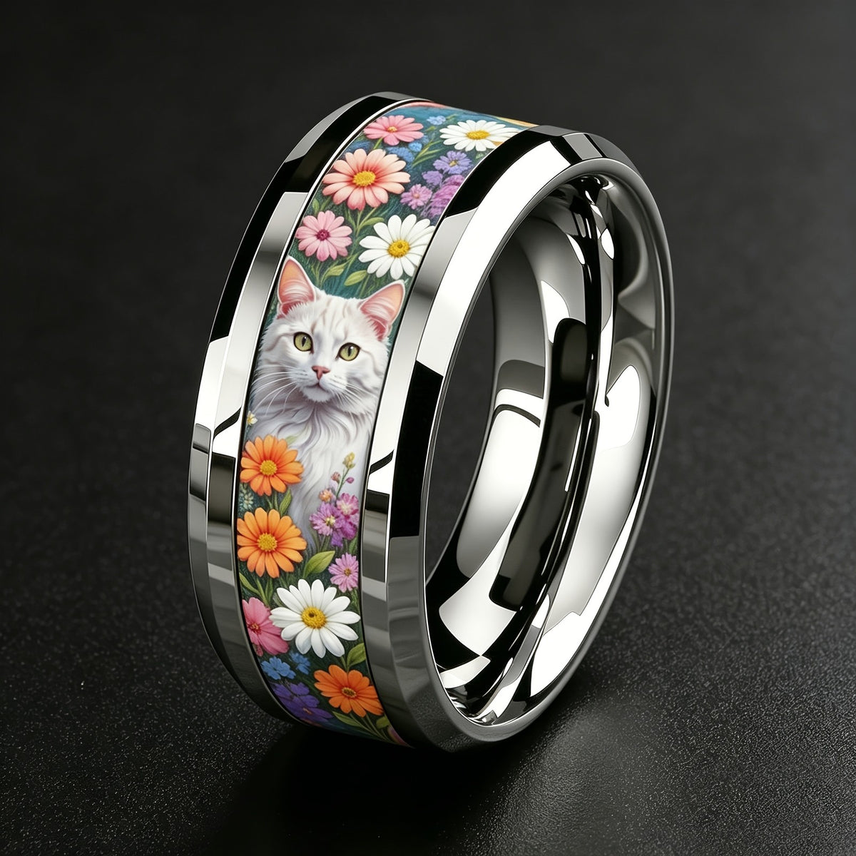 White Cat Floral Ring