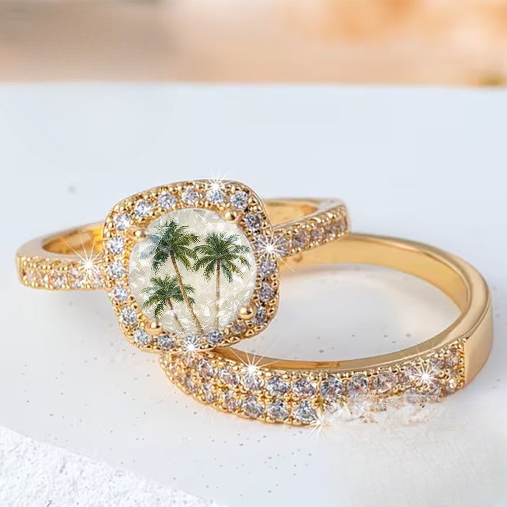 Palm Tree Crystal Square Ring Set