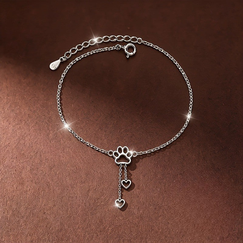 Paw Print Double Heart Tassel Anklet