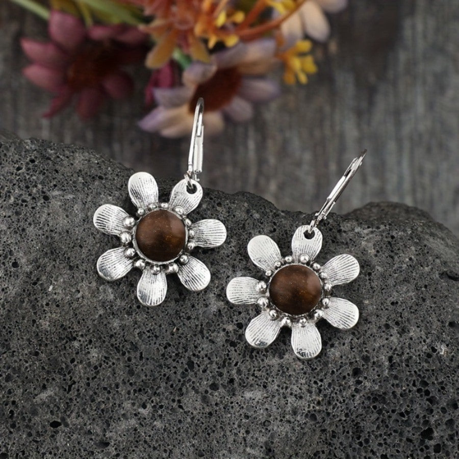 Brown Stone Flower Drop Earrings