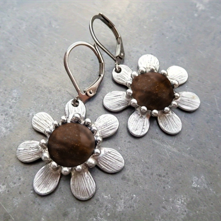 Brown Stone Flower Drop Earrings
