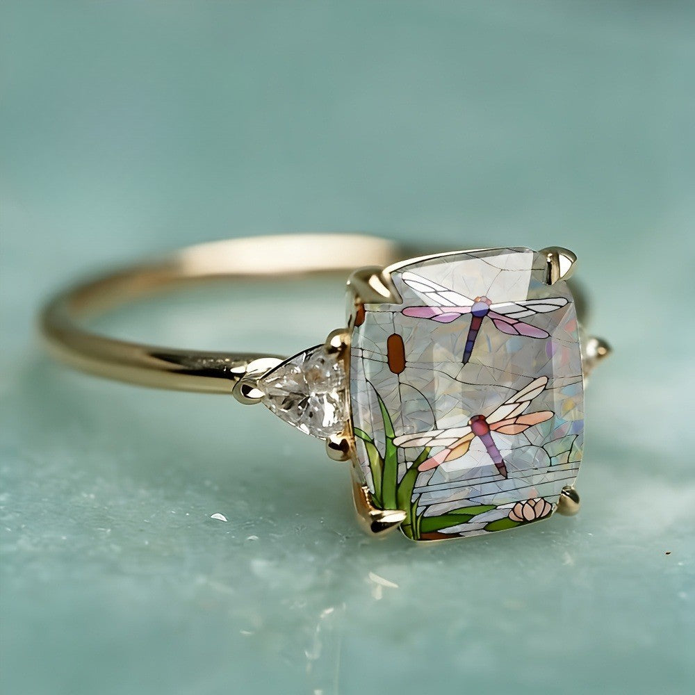 Dragonfly Pond Glass Square Ring