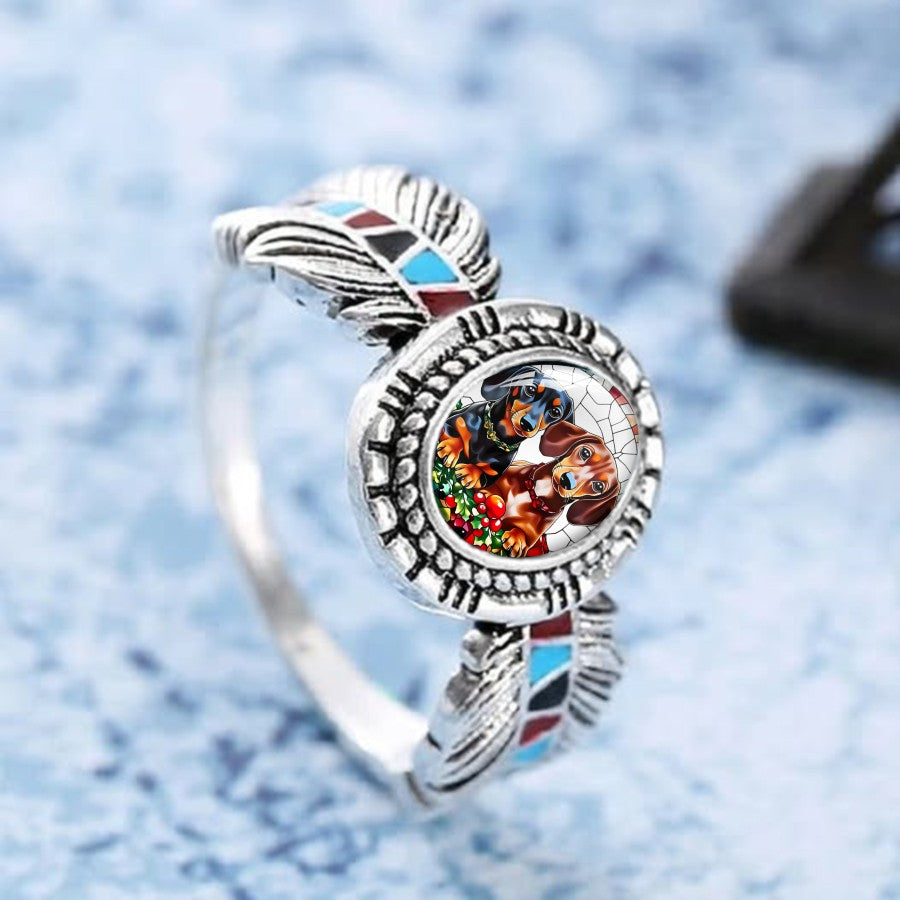 Dachshund & Feather Oval Ring