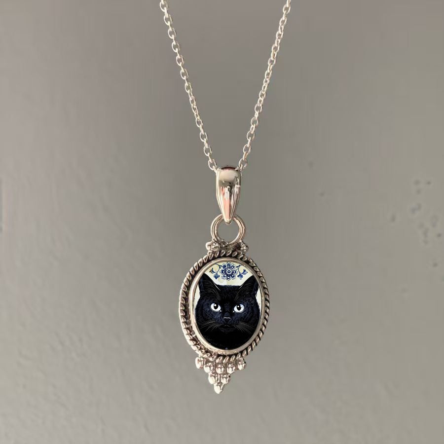 Black Cat Oval Pendant Necklace