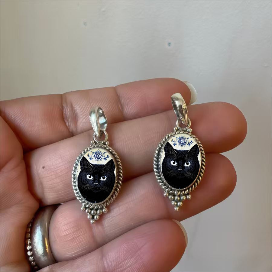 Black Cat Oval Pendant Necklace