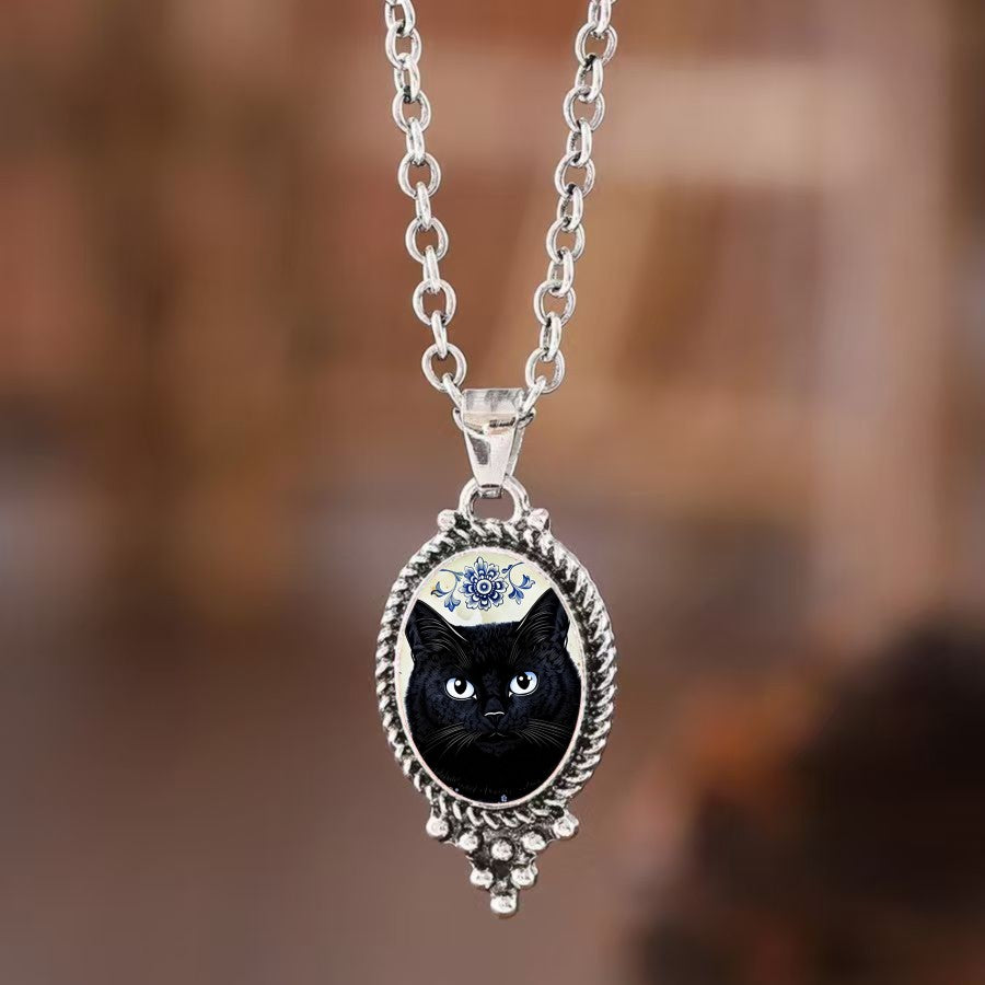 Black Cat Oval Pendant Necklace