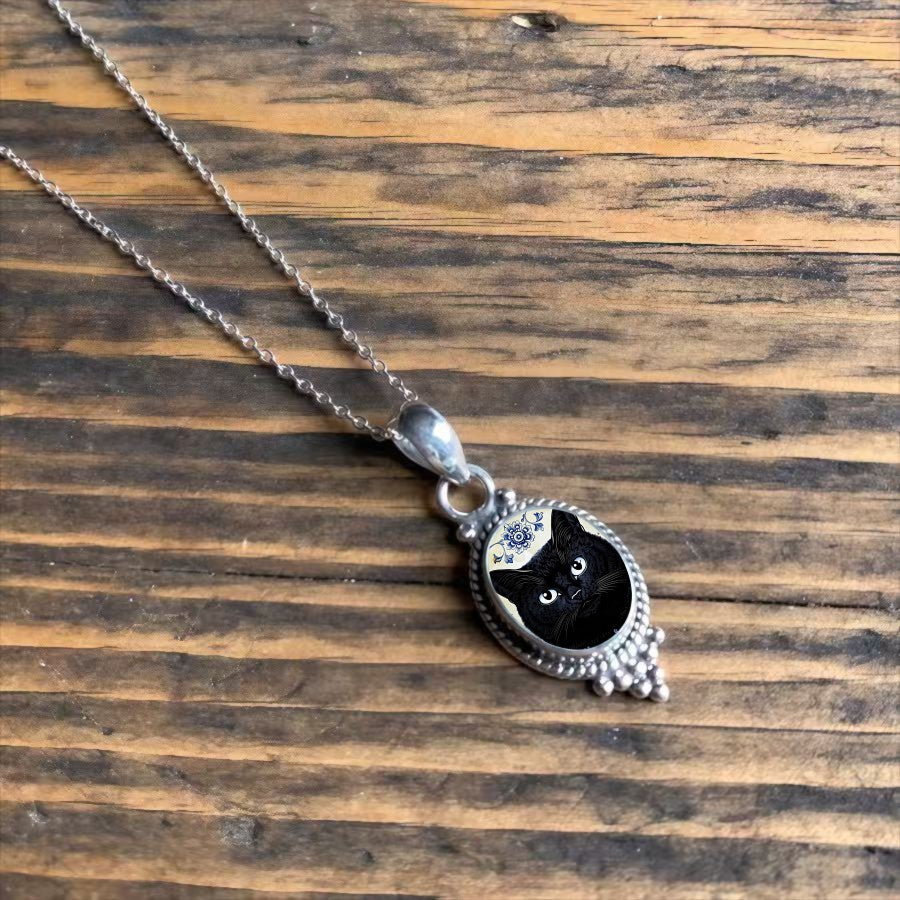 Black Cat Oval Pendant Necklace