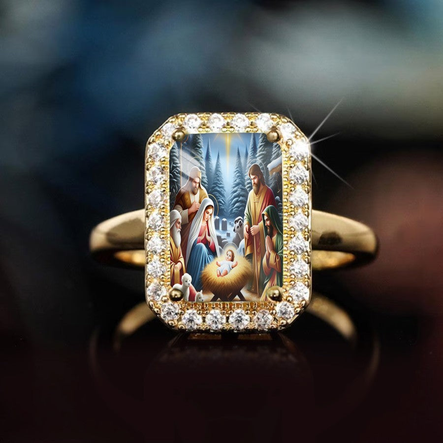 Nativity Scene Crystal Border Ring