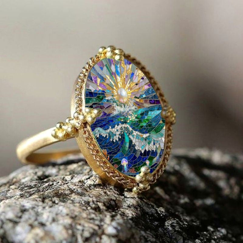 Ocean Sunrise Oval Mosaic Ring