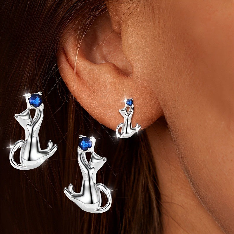 Blue Crystal Cat Earrings