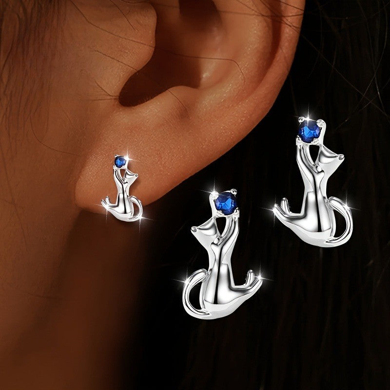 Blue Crystal Cat Earrings