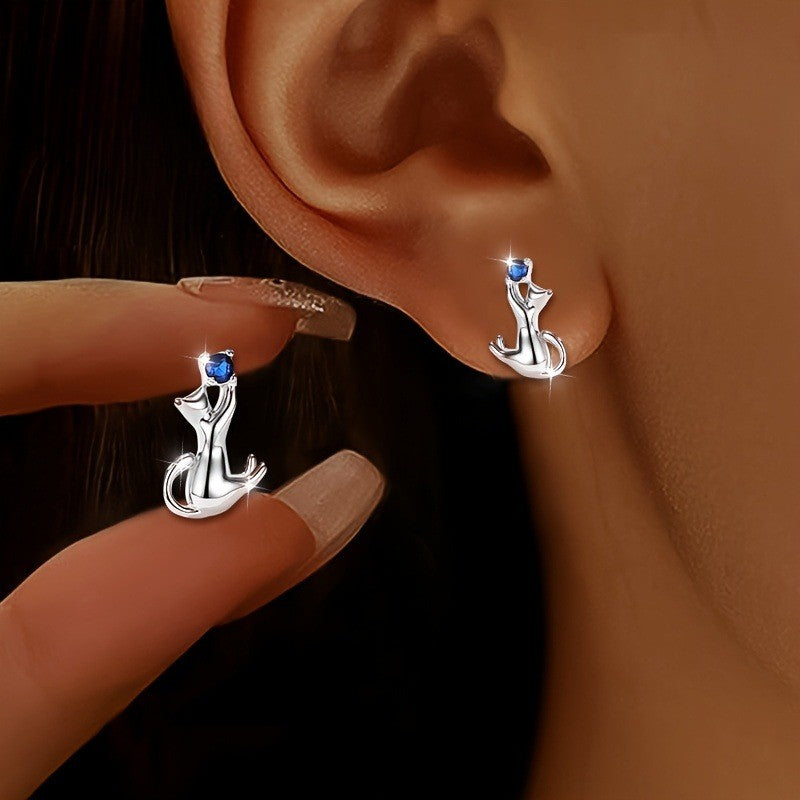 Blue Crystal Cat Earrings