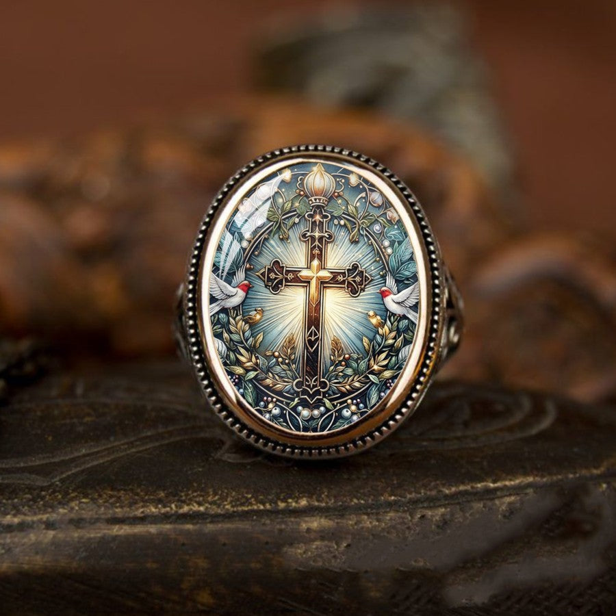 Cross & Dove Oval Ring