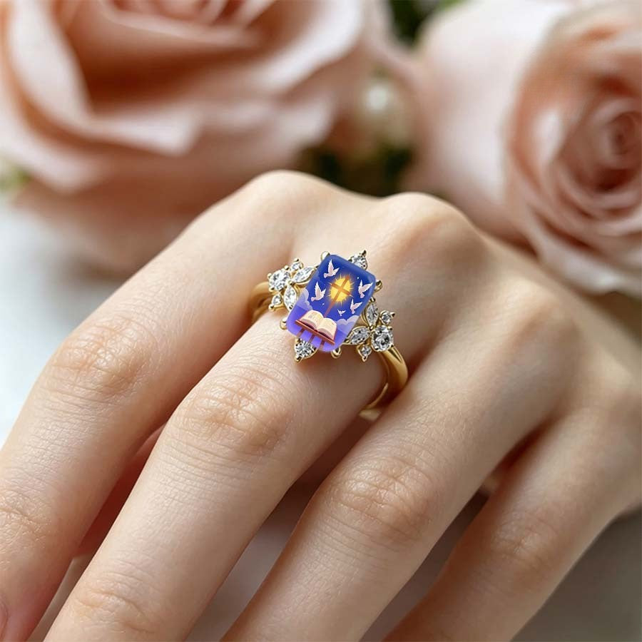 Blue Sky Cross & Dove Square Ring