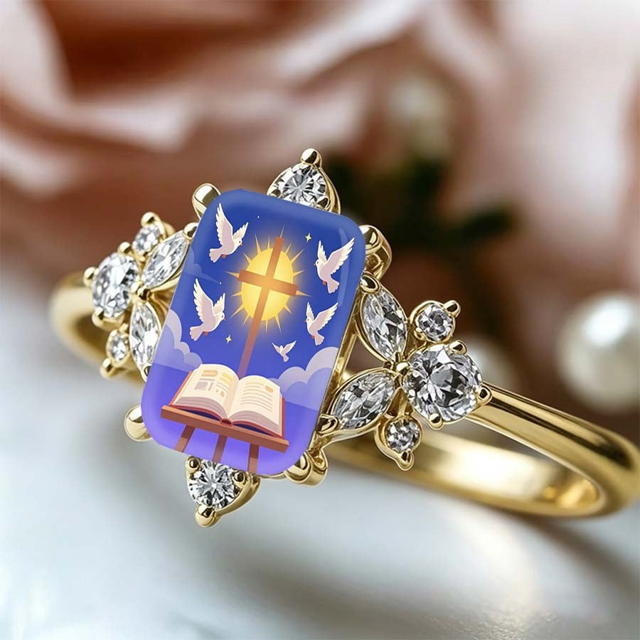 Blue Sky Cross & Dove Square Ring