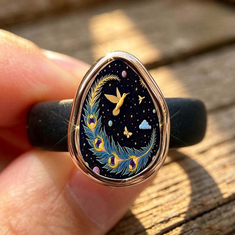 Hummingbird & Peacock Feather Ring