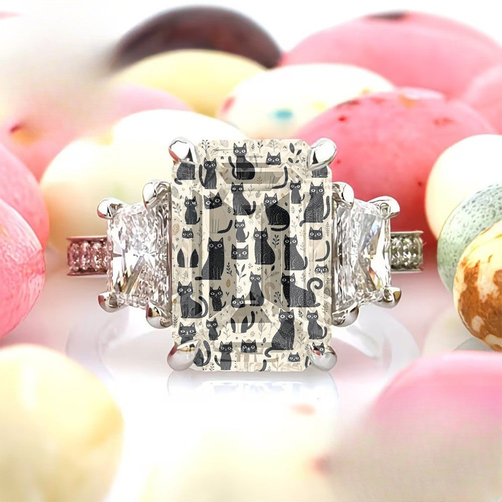 Black Cat Pattern Square Ring