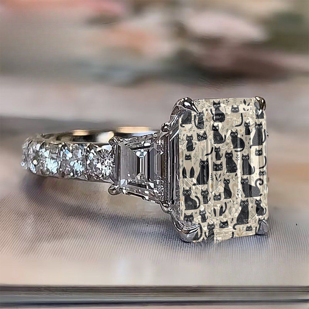Black Cat Pattern Square Ring