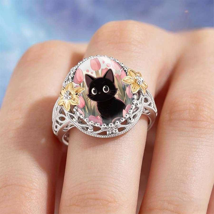 Black Cat Tulip Dome Ring