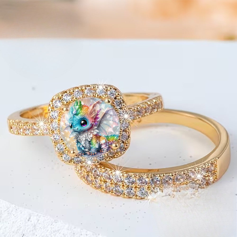 Rainbow Dragon & Crystal Ring Set