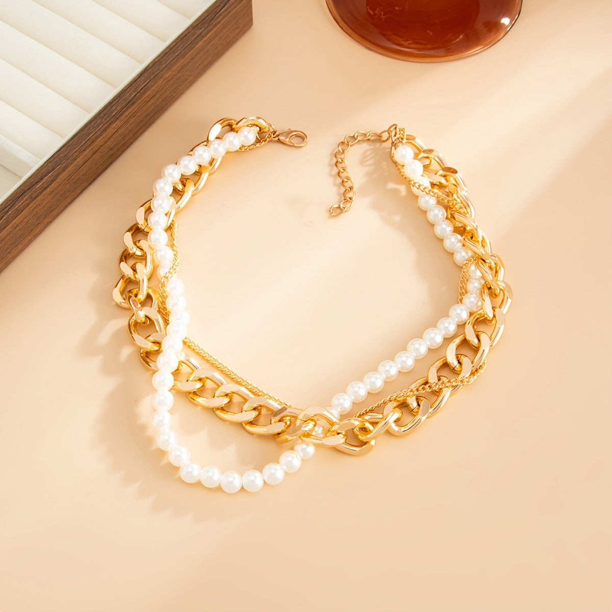 Layered Pearl & Curb Chain Necklace