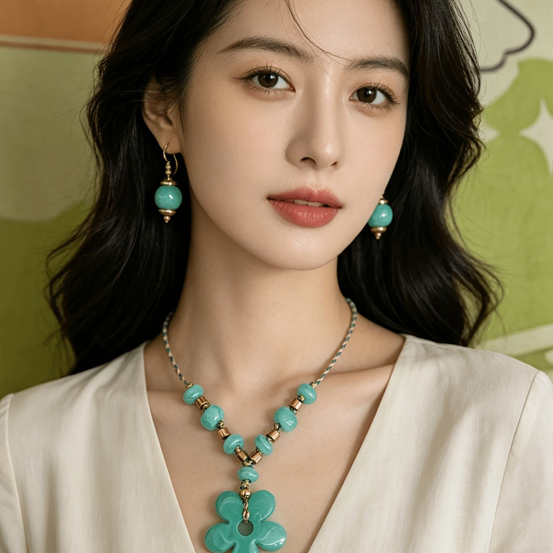 Teal Clover Flower Necklace & Earring Set