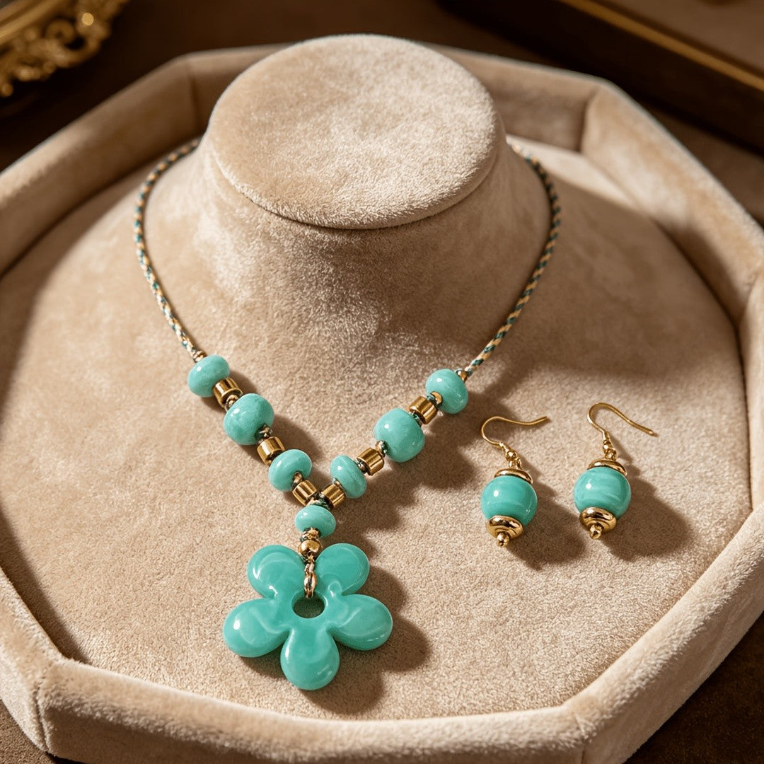 Teal Clover Flower Necklace & Earring Set