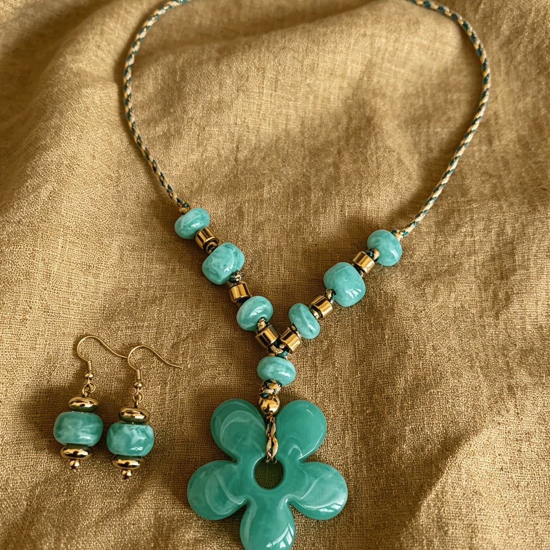 Teal Clover Flower Necklace & Earring Set