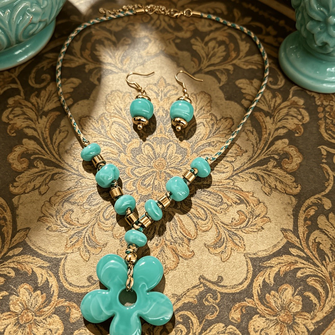 Teal Clover Flower Necklace & Earring Set