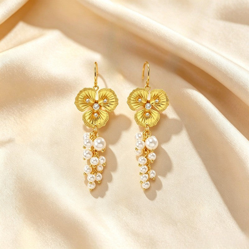 Textured Flower Pearl Cascade Earrings