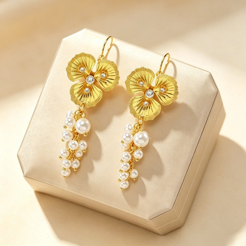 Textured Flower Pearl Cascade Earrings