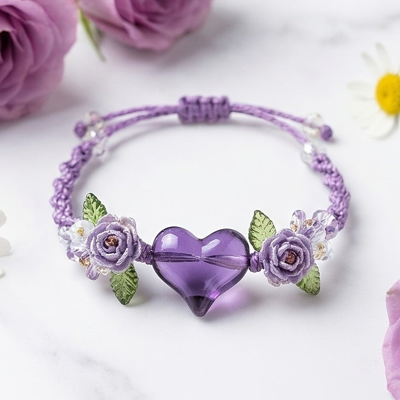 Purple Rose Heart Glass Bracelet
