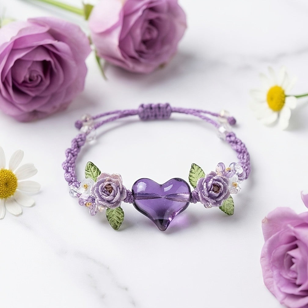 Purple Rose Heart Glass Bracelet