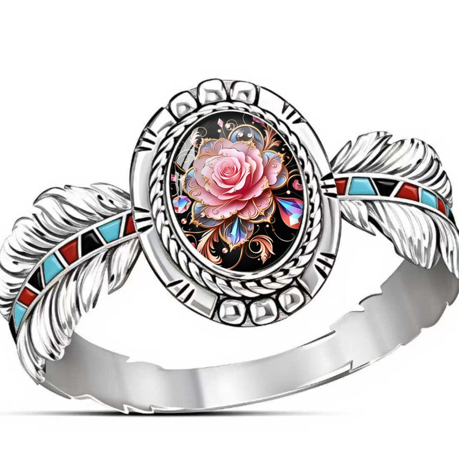 Pink Rose Feather Oval Ring