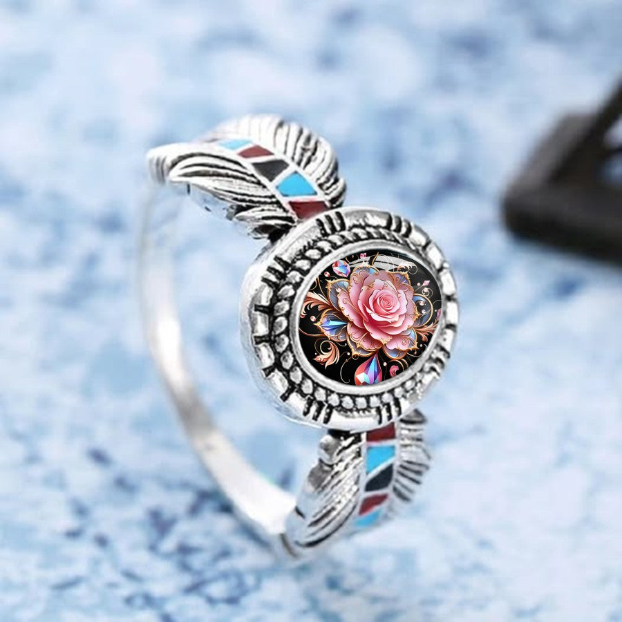 Pink Rose Feather Oval Ring