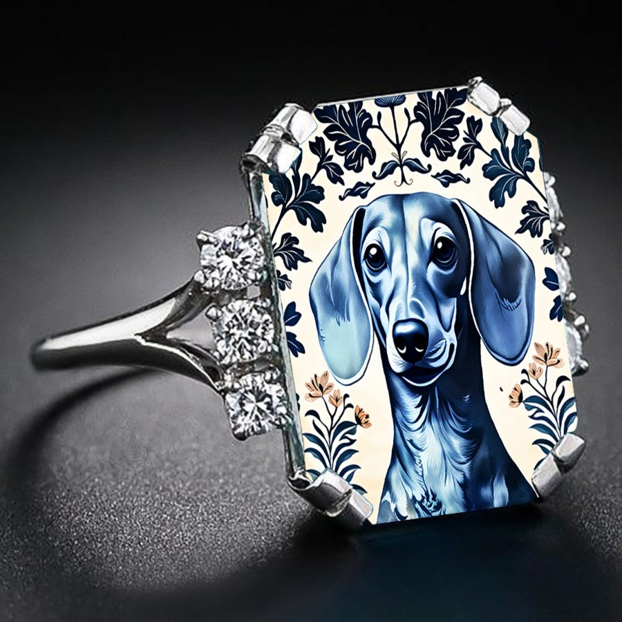 Blue Dachshund Glass Square Ring