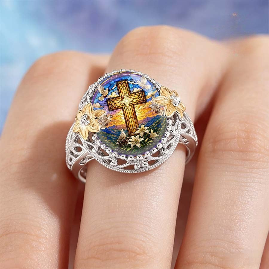 Stained Glass Cross & Dove Ring